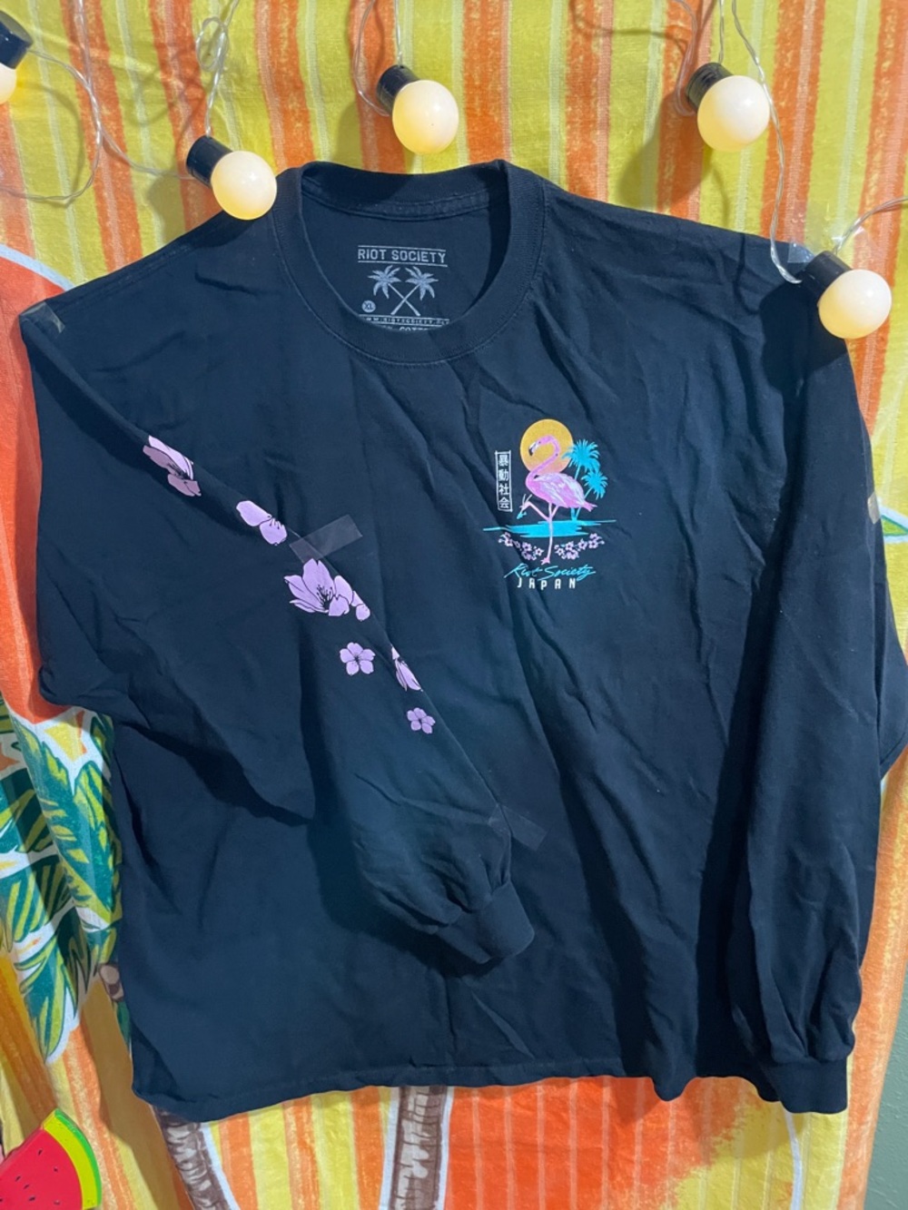 riot society Black Long-Sleeve Flamingo & Pink Floral Sleeve Tee